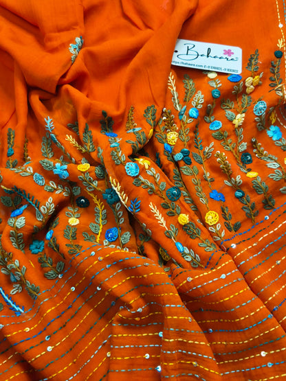 Mohini | Tangerine Orange Mul Mul Cotton Saree with Handcrafted Bullion Stich