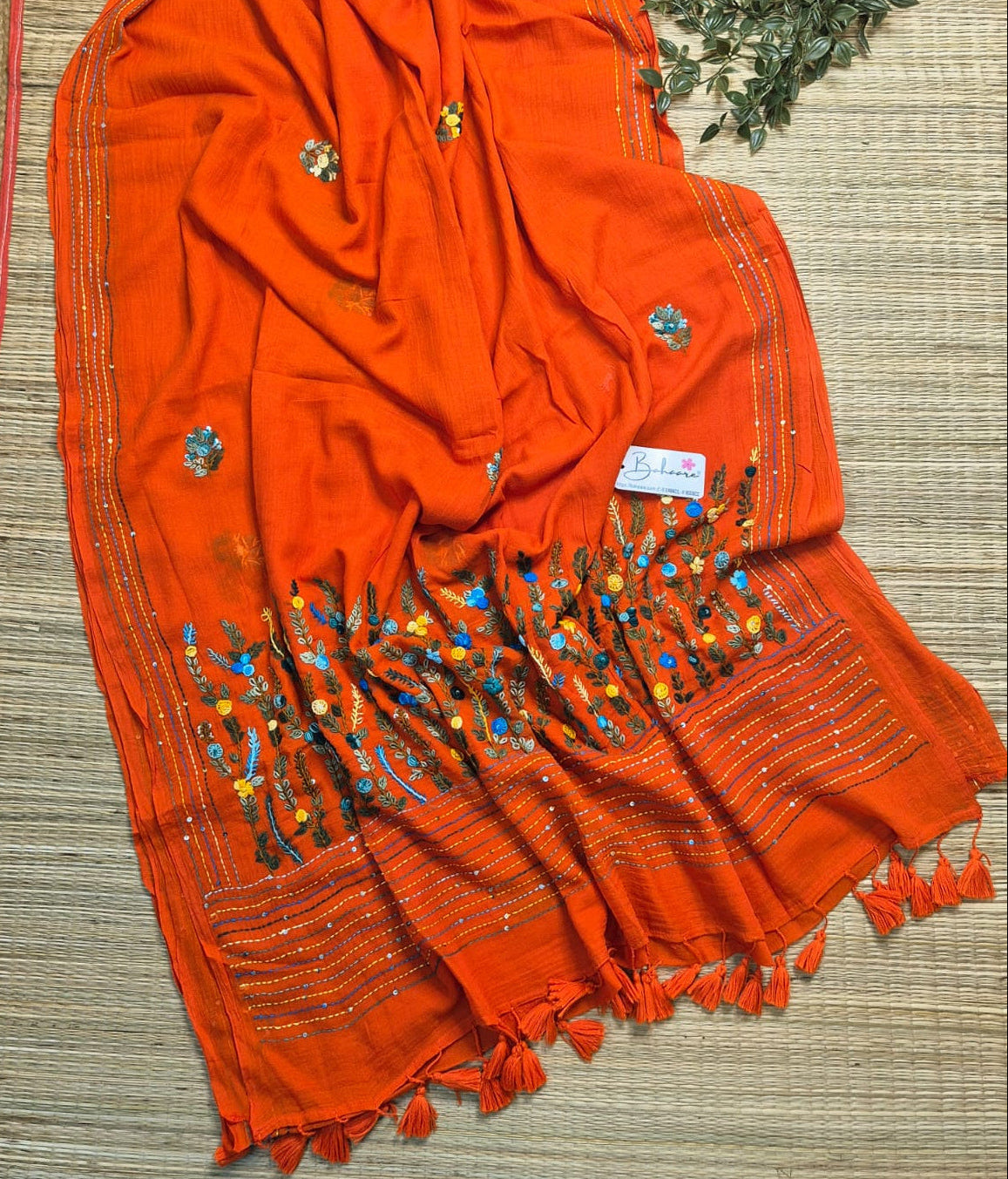 Mohini | Tangerine Orange Mul Mul Cotton Saree with Handcrafted Bullion Stich