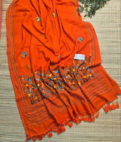 Mohini | Tangerine Orange Mul Mul Cotton Saree with Handcrafted Bullion Stich
