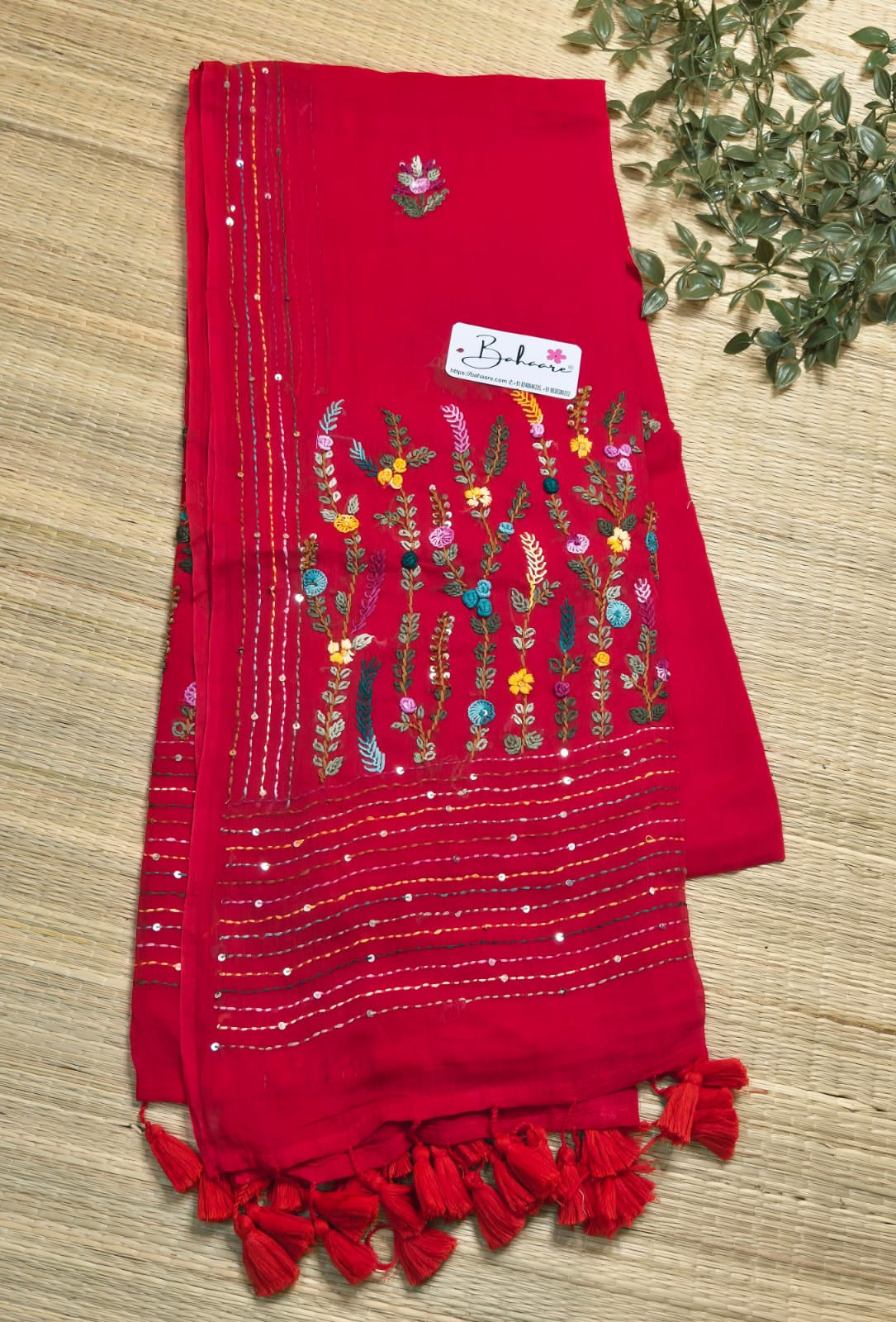 Mohini | Blush Red Mul Mul Cotton Saree with Handcrafted Bullion Stich