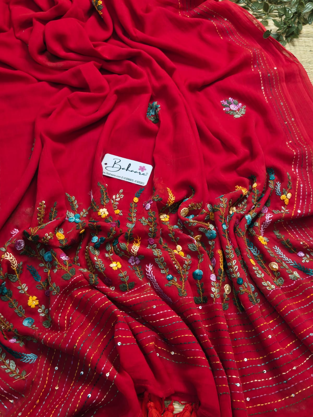 Mohini | Blush Red Mul Mul Cotton Saree with Handcrafted Bullion Stich