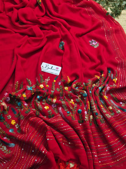 Mohini | Blush Red Mul Mul Cotton Saree with Handcrafted Bullion Stich