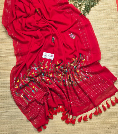 Mohini | Blush Red Mul Mul Cotton Saree with Handcrafted Bullion Stich