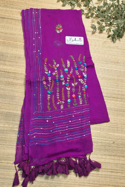 Mohini | Purple Dual Tone Mul Mul Cotton Saree with Handcrafted Bullion Stich