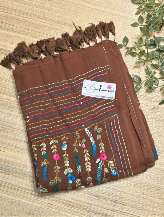 Mohini | Chocolate Brown Mul Mul Cotton Saree with Handcrafted Bullion Stich