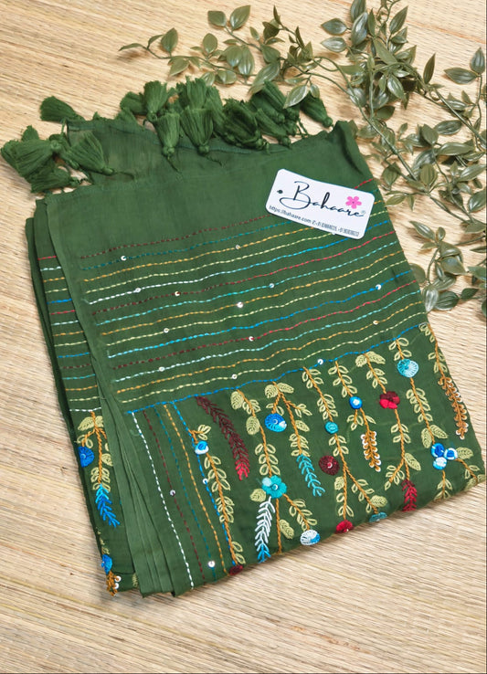 Mohini | Emerald Green Mul Mul Cotton Saree with Handcrafted Bullion Stich
