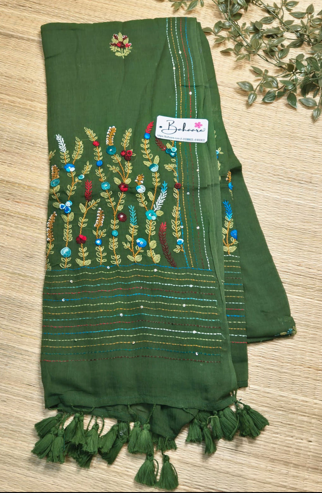 Mohini | Emerald Green Mul Mul Cotton Saree with Handcrafted Bullion Stich