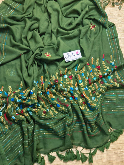 Mohini | Emerald Green Mul Mul Cotton Saree with Handcrafted Bullion Stich