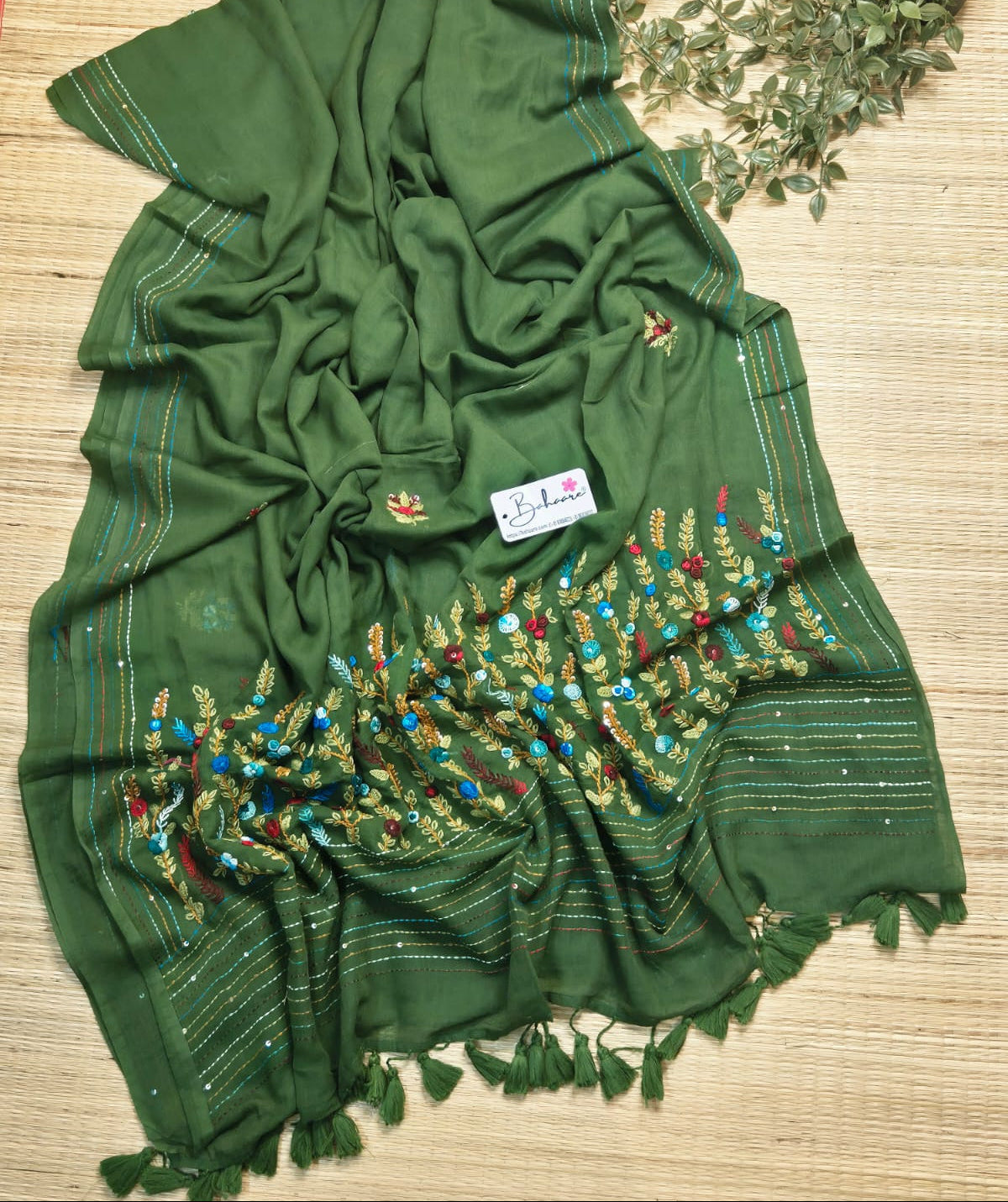 Mohini | Emerald Green Mul Mul Cotton Saree with Handcrafted Bullion Stich