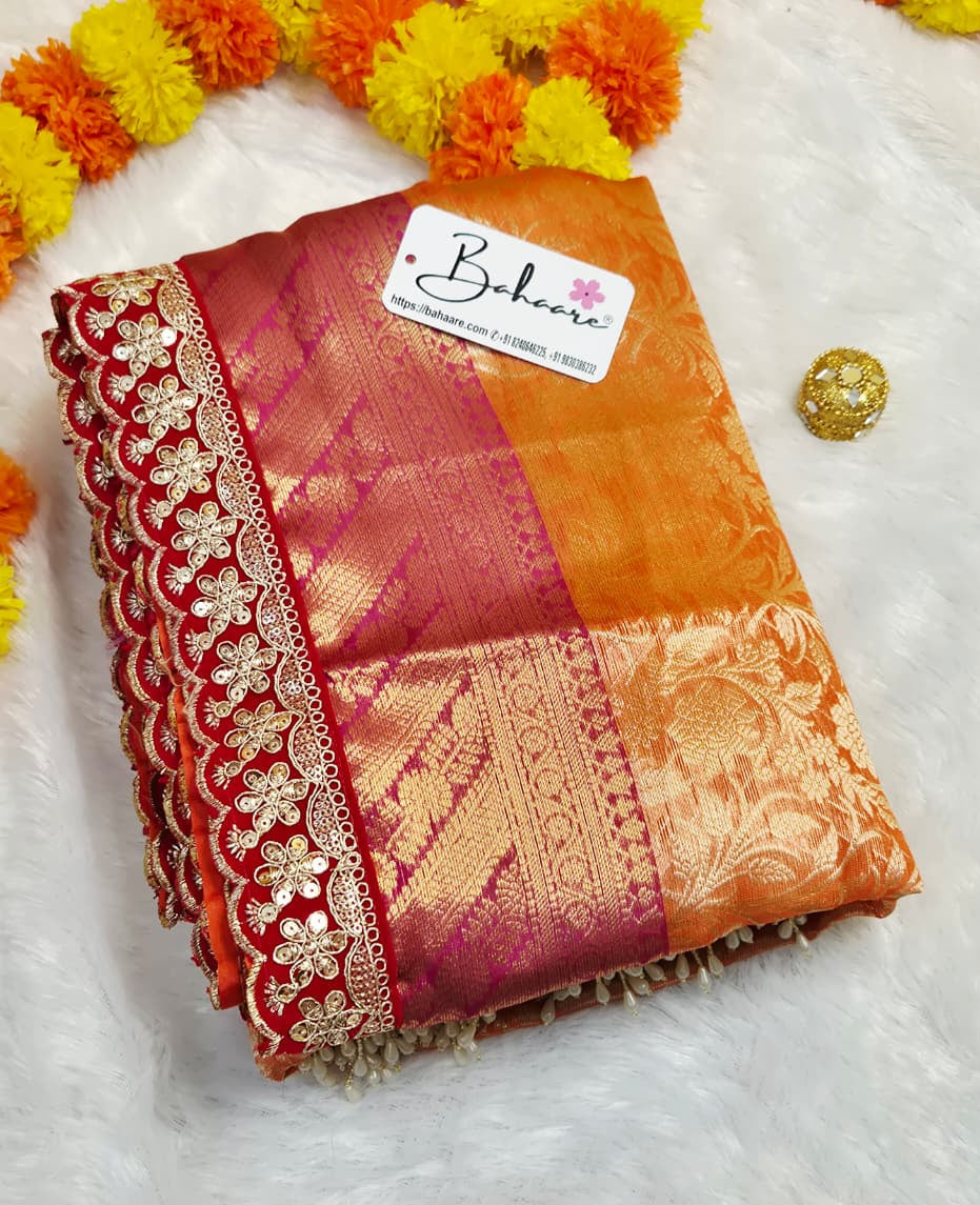Utsav | Coral Orange Benarasi Tissue Silk Saree with Beautiful Lace Work