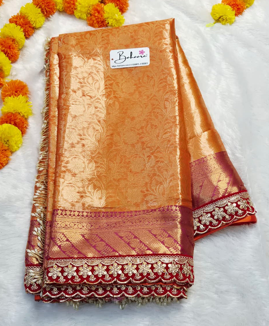 Utsav | Coral Orange Benarasi Tissue Silk Saree with Beautiful Lace Work