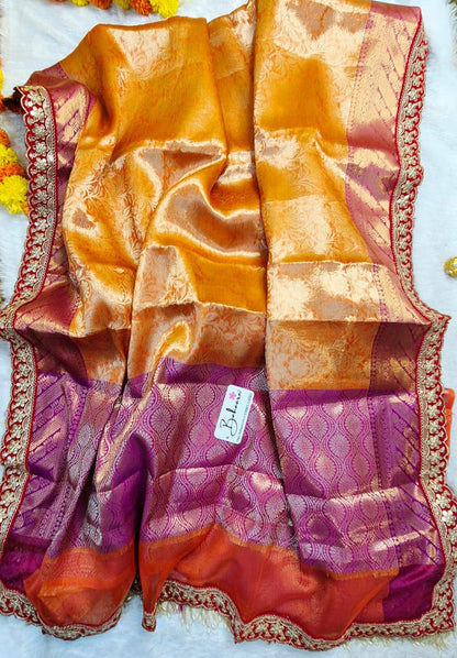 Utsav | Coral Orange Benarasi Tissue Silk Saree with Beautiful Lace Work