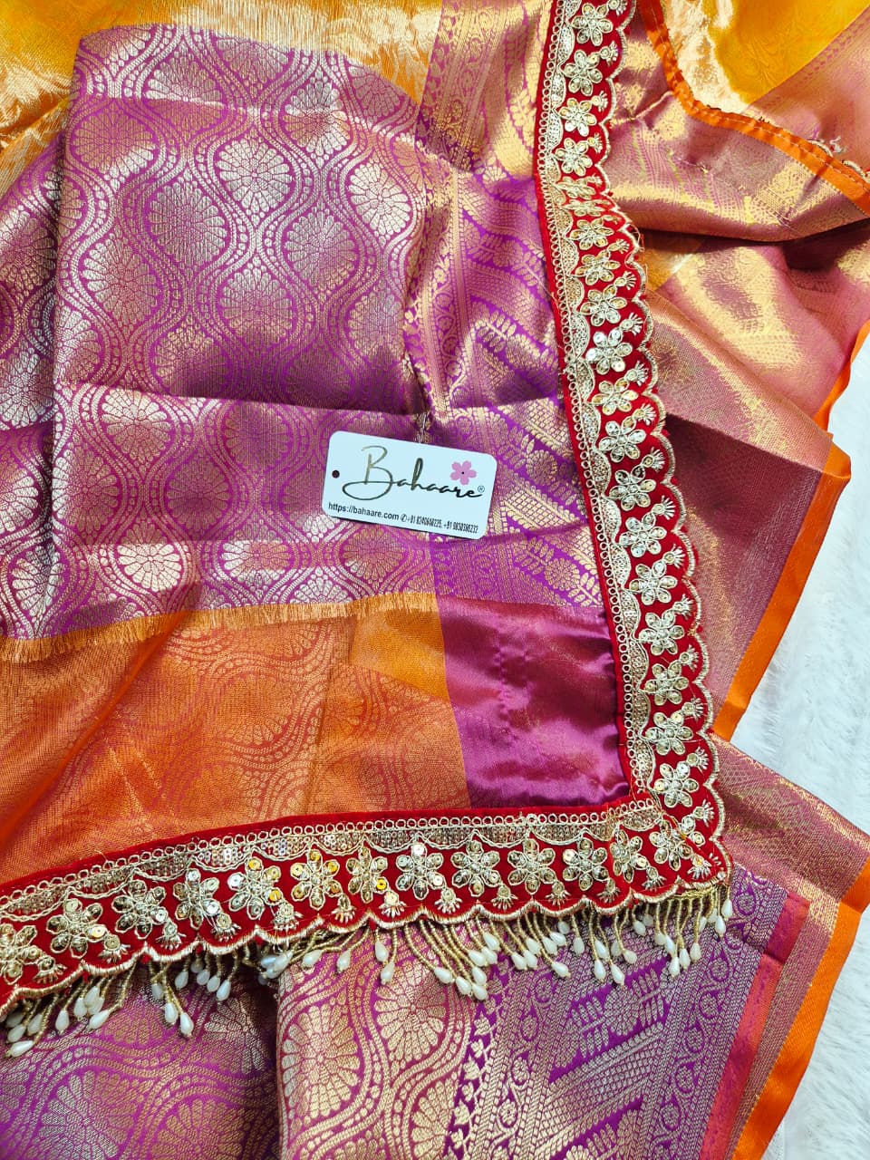 Utsav | Coral Orange Benarasi Tissue Silk Saree with Beautiful Lace Work