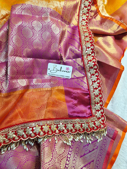Utsav | Coral Orange Benarasi Tissue Silk Saree with Beautiful Lace Work