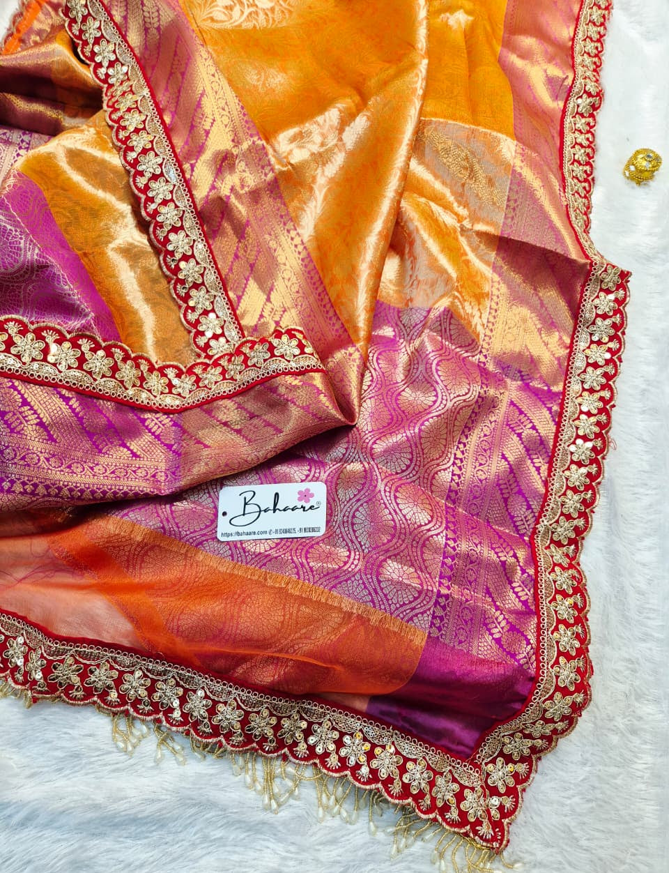 Utsav | Coral Orange Benarasi Tissue Silk Saree with Beautiful Lace Work