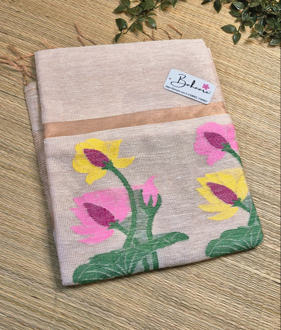 Springtime Serenity | White Gold Tissue Linen Saree with Paithani Motif