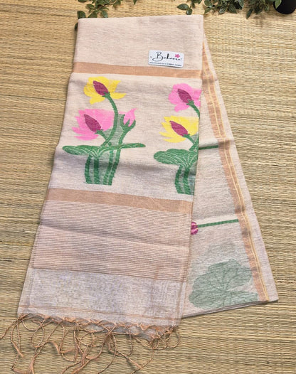 Springtime Serenity | White Gold Tissue Linen Saree with Paithani Motif