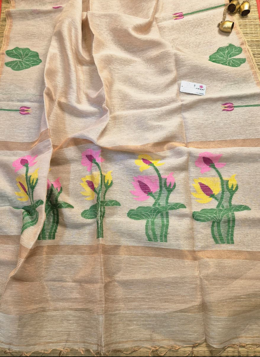 Springtime Serenity | White Gold Tissue Linen Saree with Paithani Motif