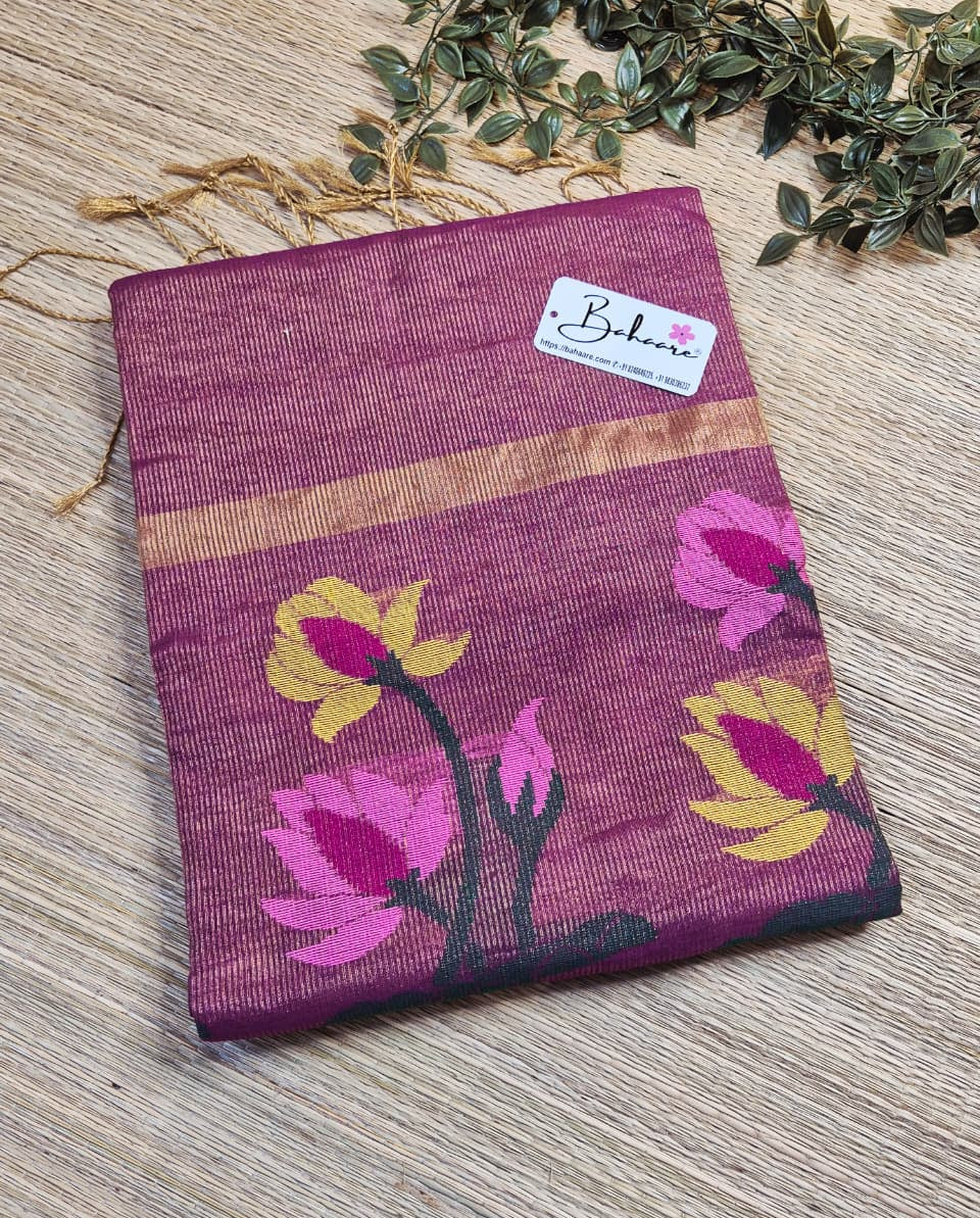 Springtime Serenity | Royal Magenta Tissue Linen Saree with Paithani Motif