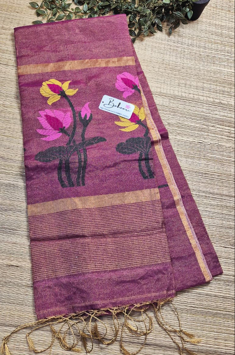 Springtime Serenity | Royal Magenta Tissue Linen Saree with Paithani Motif