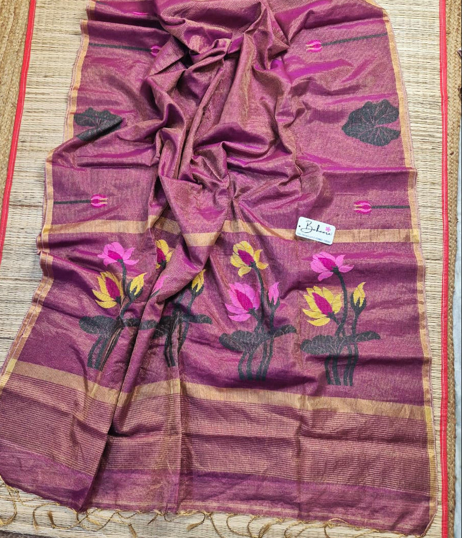Springtime Serenity | Royal Magenta Tissue Linen Saree with Paithani Motif