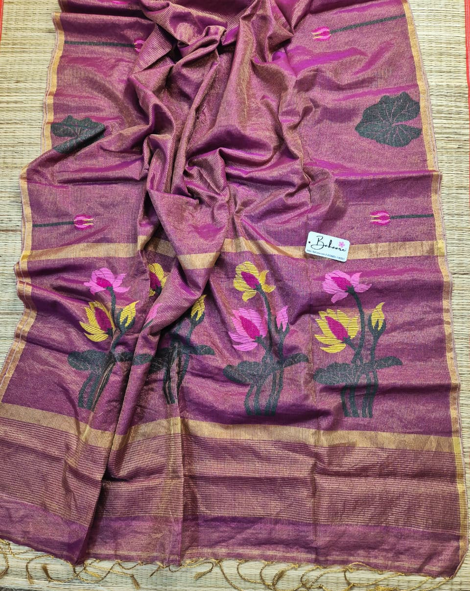 Springtime Serenity | Royal Magenta Tissue Linen Saree with Paithani Motif