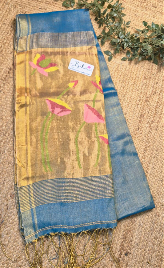 Springtime Serenity | Ocean Blue Tissue Linen Saree with Paithani Motif
