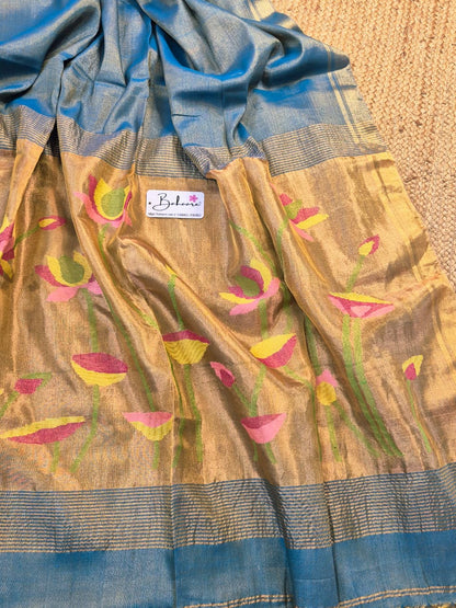 Springtime Serenity | Ocean Blue Tissue Linen Saree with Paithani Motif