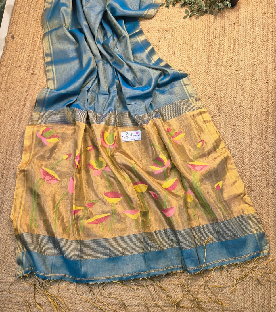 Springtime Serenity | Ocean Blue Tissue Linen Saree with Paithani Motif
