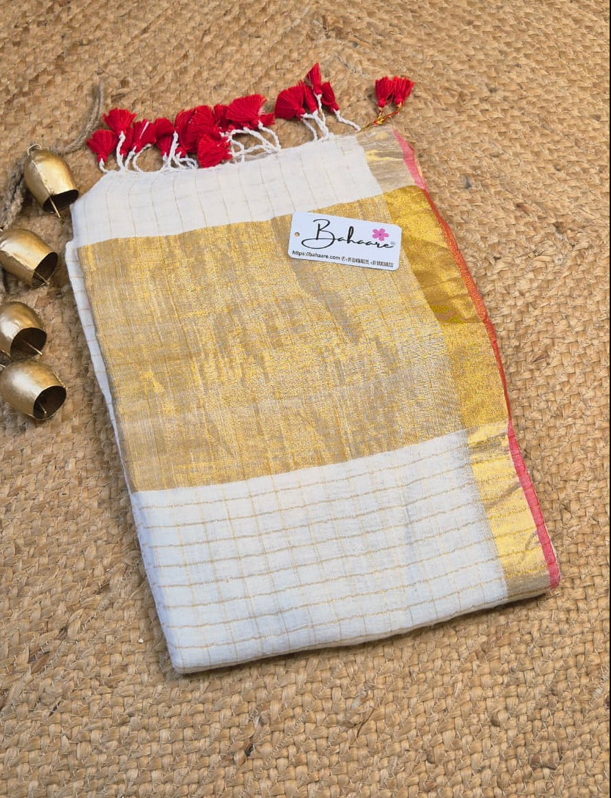 Woodland Whispers | Classic Off White Linen Saree with Golden Zari Border