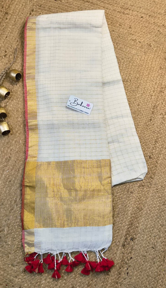 Woodland Whispers | Classic Off White Linen Saree with Golden Zari Border
