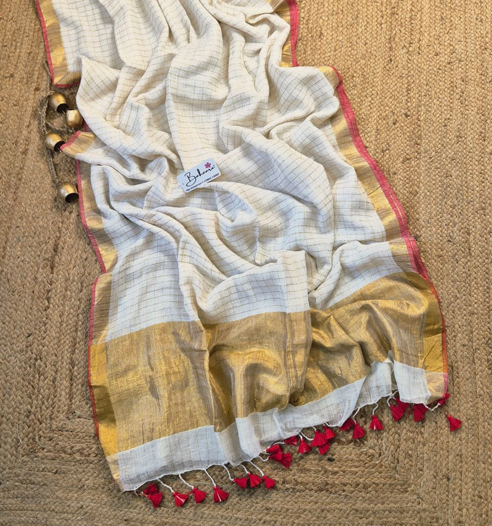 Woodland Whispers | Classic Off White Linen Saree with Golden Zari Border