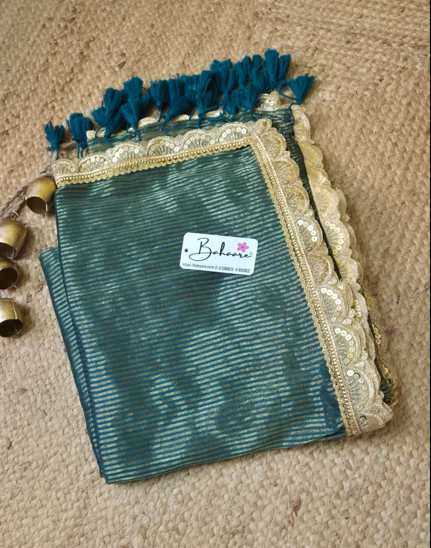 Noor | Mystic Teal Green Mul Mul Cotton Saree with Designer Golden Zari Lace