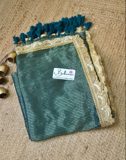 Noor | Mystic Teal Green Mul Mul Cotton Saree with Designer Golden Zari Lace