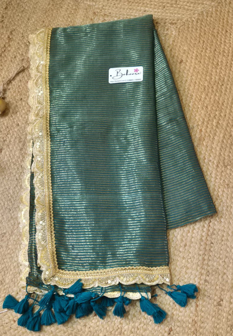Noor | Mystic Teal Green Mul Mul Cotton Saree with Designer Golden Zari Lace