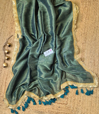 Noor | Mystic Teal Green Mul Mul Cotton Saree with Designer Golden Zari Lace