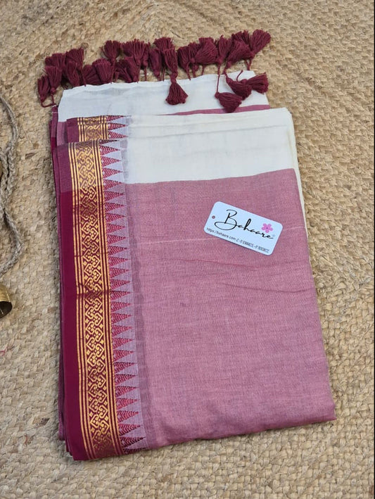 Cotton Galleria | Elegant Off White Premium Cotton Saree with Handwoven Maroon Border