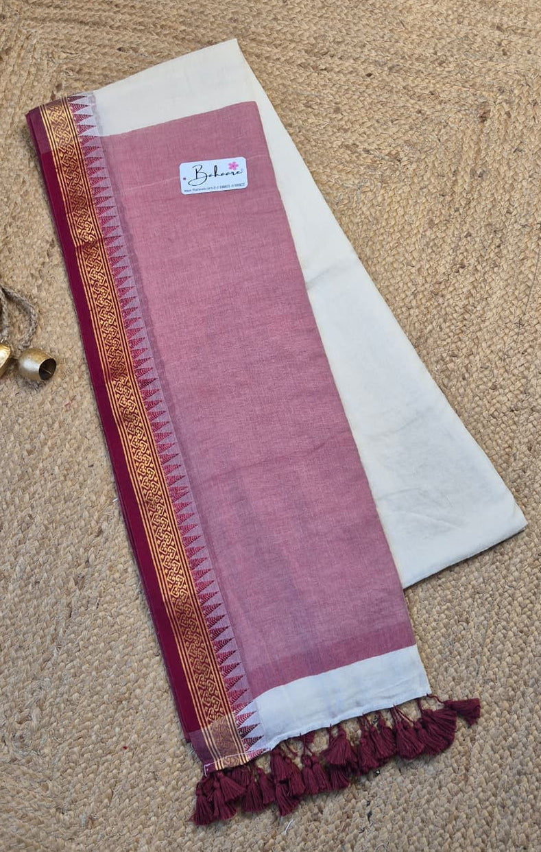 Cotton Galleria | Elegant Off White Premium Cotton Saree with Handwoven Maroon Border