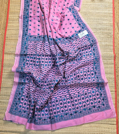 Cotton Galleria | Pastel Baby Pink Phulkari Hand Embroidery Chanderi Cotton-Silk Saree