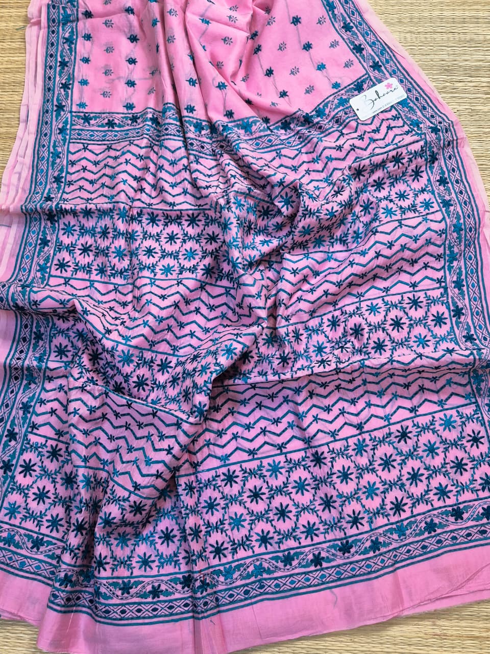 Cotton Galleria | Pastel Baby Pink Phulkari Hand Embroidery Chanderi Cotton-Silk Saree