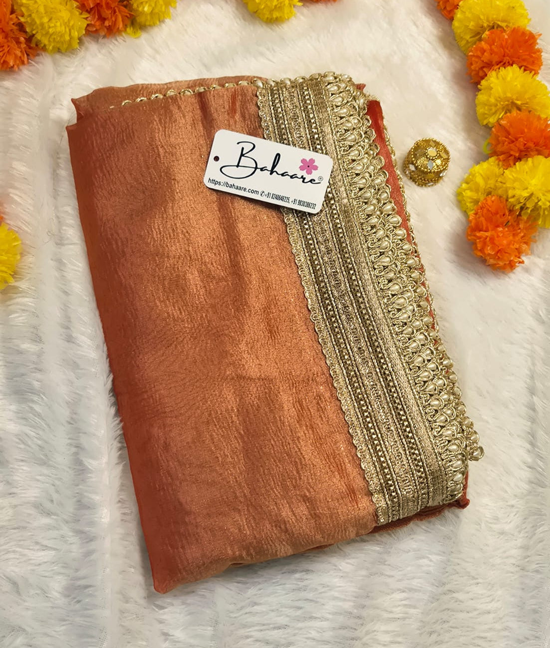 Utsav | Burnt Orange Crushed Tissue Saree with Lace