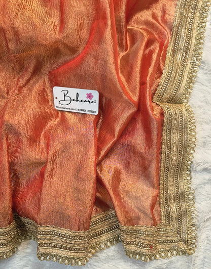 Utsav | Burnt Orange Crushed Tissue Saree with Lace