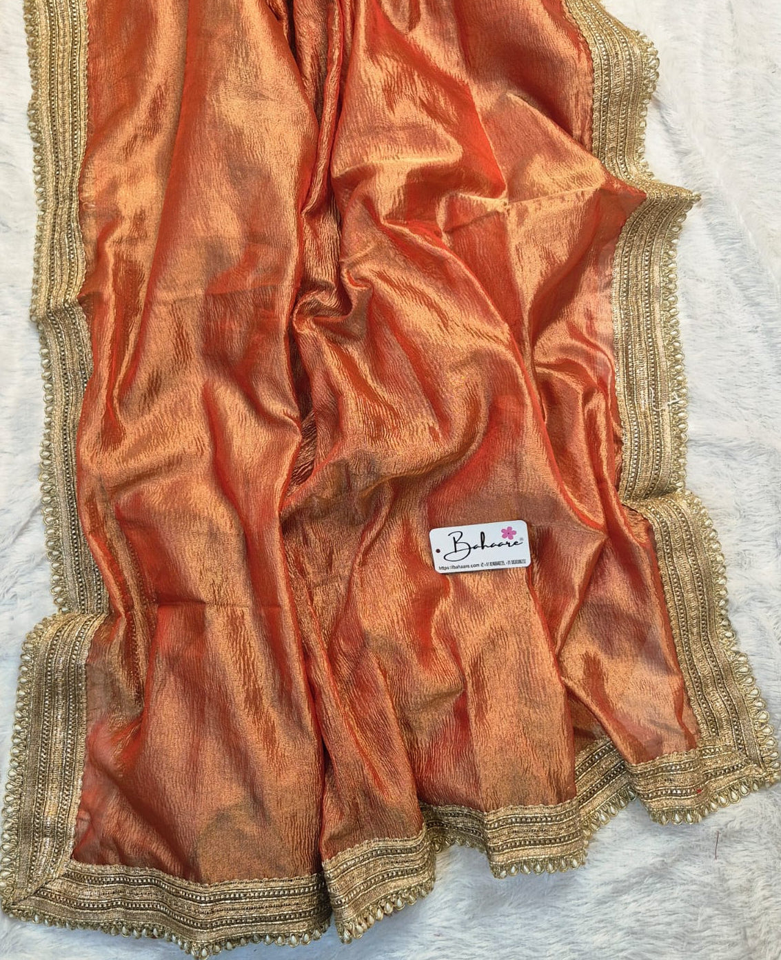Utsav | Burnt Orange Crushed Tissue Saree with Lace