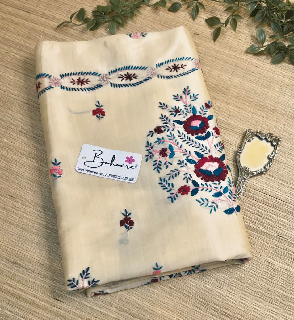 Cotton Galleria | Soft Beige Chanderi Cotton-Silk Saree with Heritage Kantha Motif