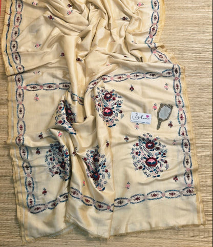 Cotton Galleria | Soft Beige Chanderi Cotton-Silk Saree with Heritage Kantha Motif