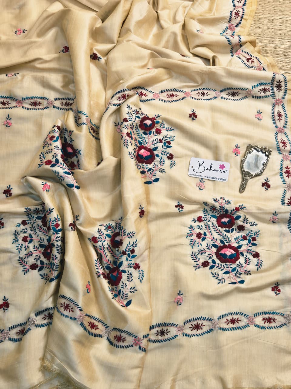 Cotton Galleria | Soft Beige Chanderi Cotton-Silk Saree with Heritage Kantha Motif