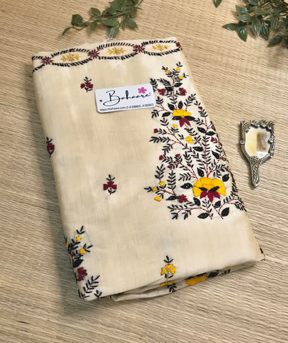 Cotton Galleria | Creamy Latte Chanderi Cotton-Silk Saree with Heritage Kantha Motif