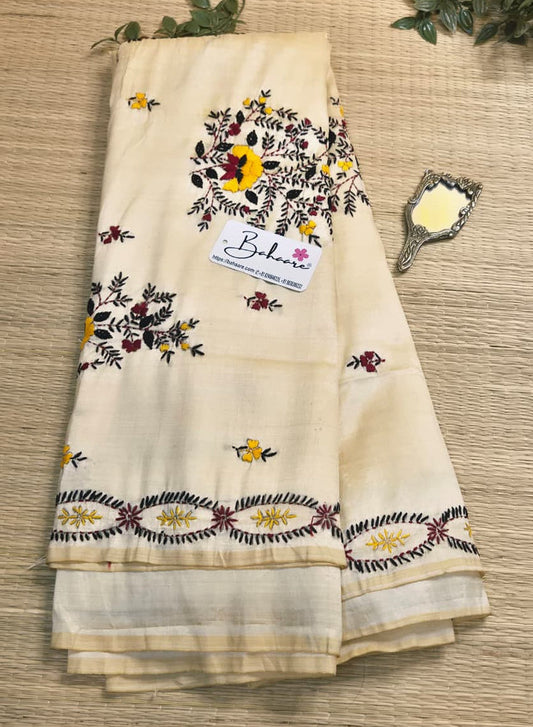 Cotton Galleria | Creamy Latte Chanderi Cotton-Silk Saree with Heritage Kantha Motif