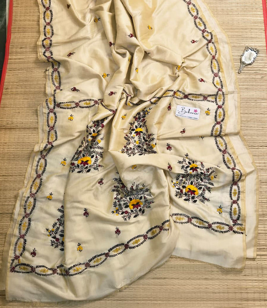 Cotton Galleria | Creamy Latte Chanderi Cotton-Silk Saree with Heritage Kantha Motif