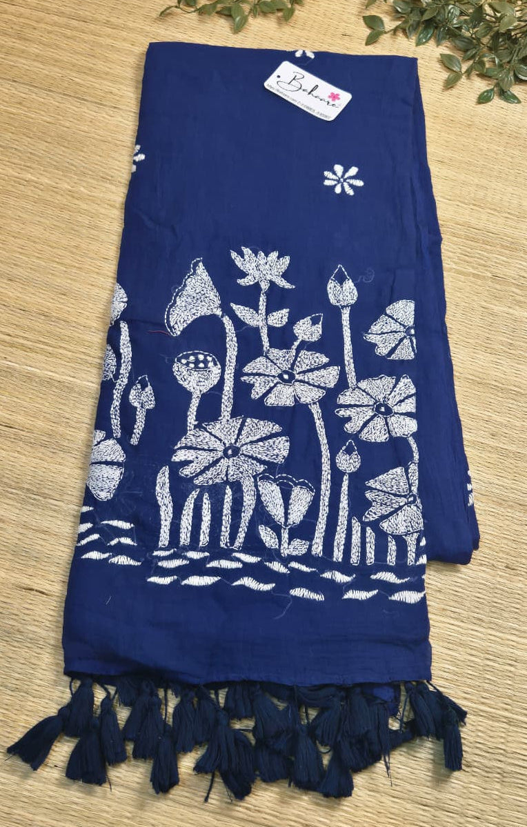 Mohini | Blue Mul Mul Cotton Saree with Kantha Hand Embroidery